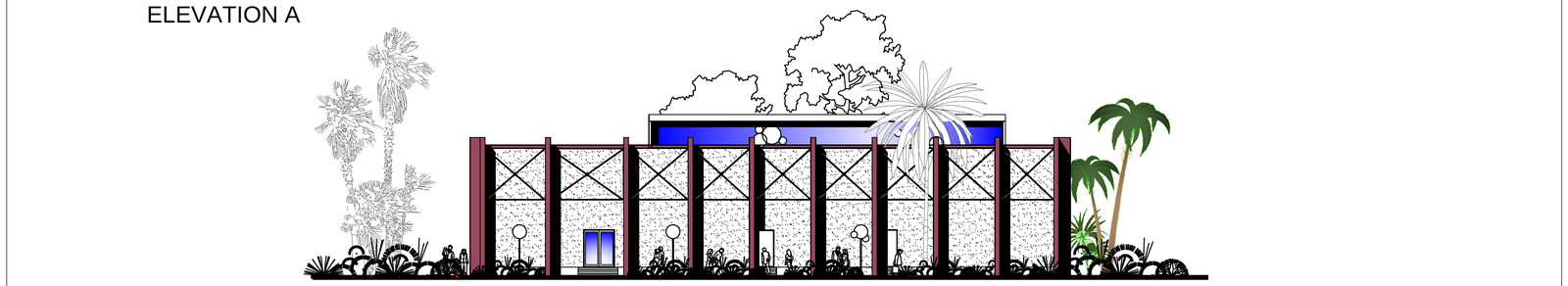 Elevation B — side facade with structural columns and landscaping