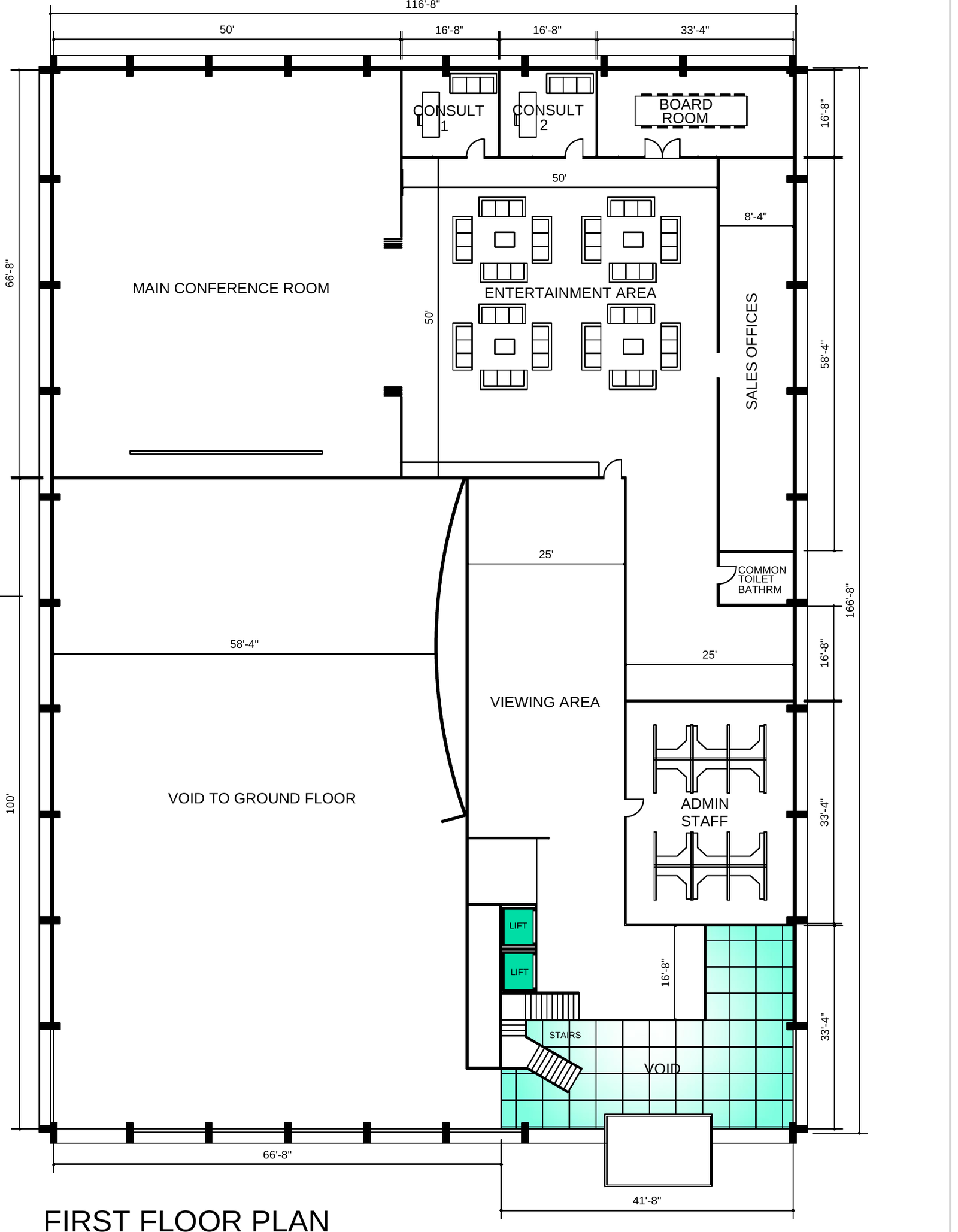 First floor plan showing conference room, entertainment area, consult suites, and board room