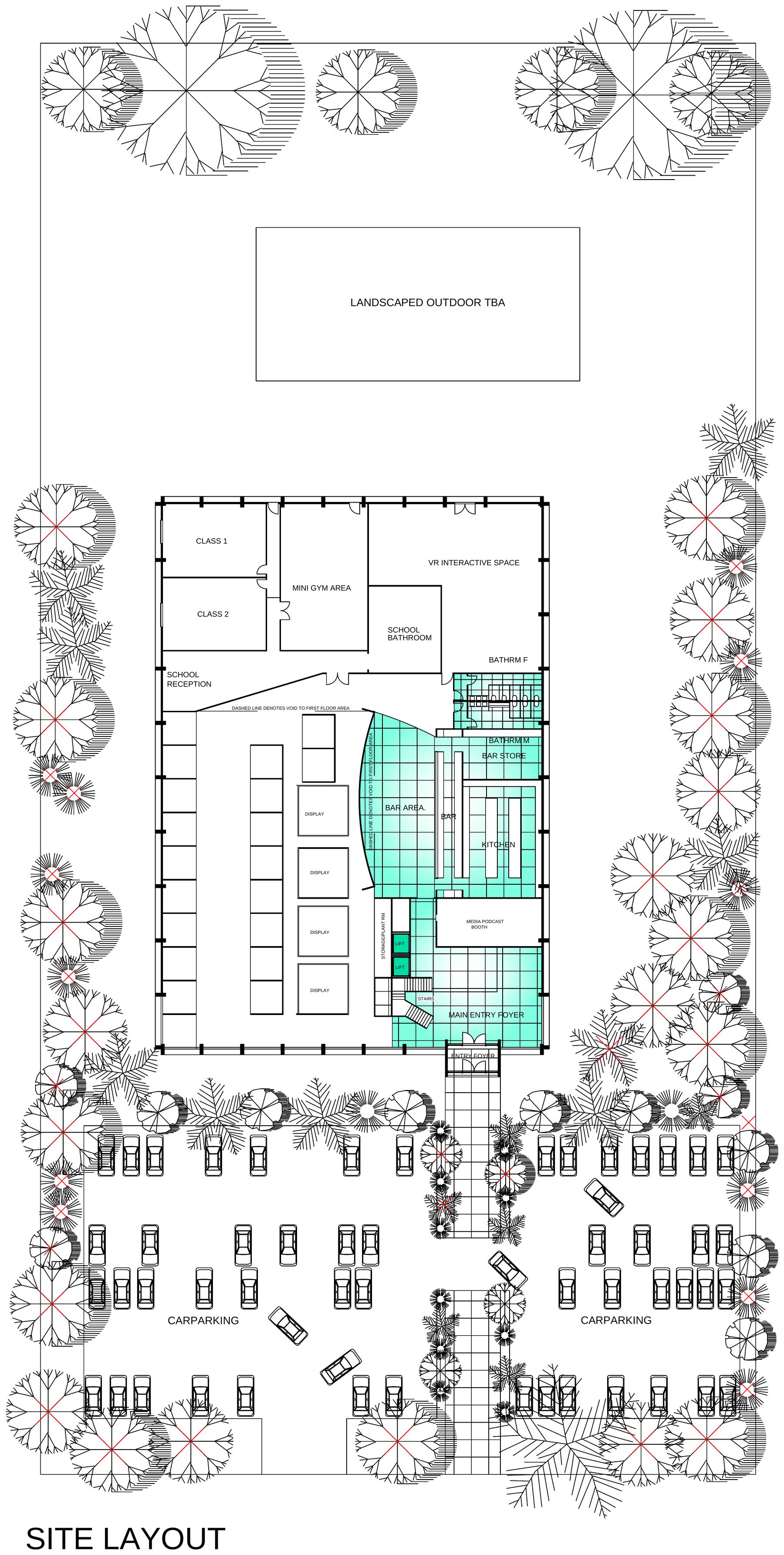 Site layout plan showing the campus footprint, parking, and landscaping